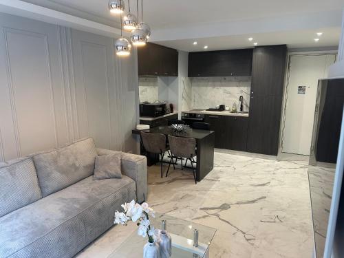 un salon avec un canapé et une cuisine dans l'établissement Apartment best position croisette martinez ! 150m from the beach completely renovated !, à Cannes