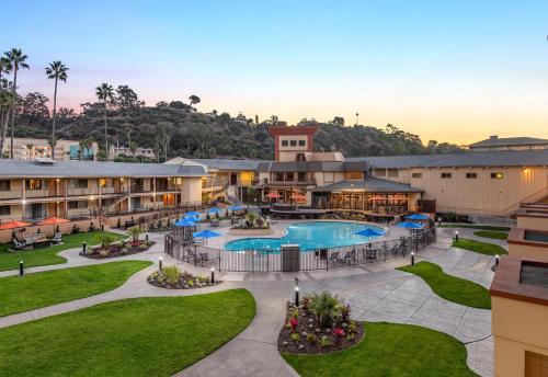 an aerial view of a resort with a swimming pool at Crowne Plaza San Diego - Mission Valley by IHG in San Diego