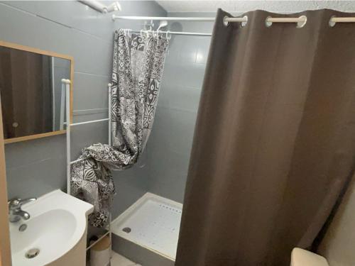 une salle de bain avec un rideau de douche et un lavabo dans l'établissement Studio montagne 4 pers, Wi-Fi, près des pistes Pra-Loup 1600 - FR-1-165A-195, à Uvernet