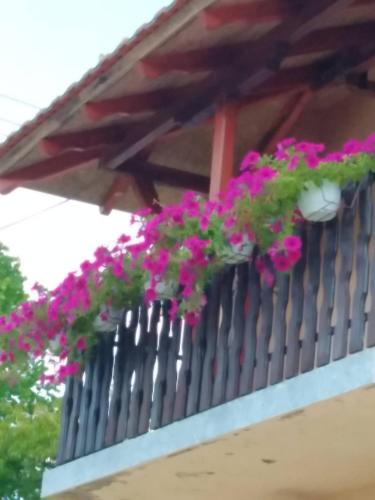 a balcony with pink flowers on a wooden fence at Etno kutak Jaćimović in Gornji Milanovac