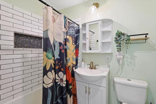 a bathroom with a shower curtain and a sink at Comfy Holiday Loft 8min from Downtown FW in Fort Worth