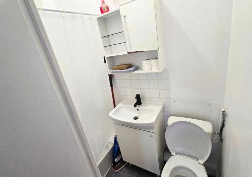 une petite salle de bain avec toilettes et lavabo dans l'établissement Le #2 Terracotta - Hypercentre, à Tours