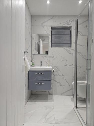 a bathroom with a blue sink and a toilet at Luxury and stylish 3 bedroom house or Apartment in Greenhithe - Available for booking as individual Room or as a Whole apartment - 11mins walk to Greenhithe Train Station, 7 mins drive to Bluewater shopping mall in Greenhithe