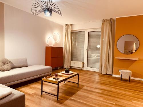 Ένα ή περισσότερα κρεβάτια σε δωμάτιο στο Modernes Design-Apartment in Hünxe