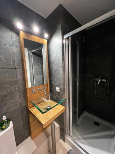 La salle de bains est pourvue d'un lavabo en verre et d'une douche. dans l'établissement Charme et Soleil Côte d'Azur, à Antibes