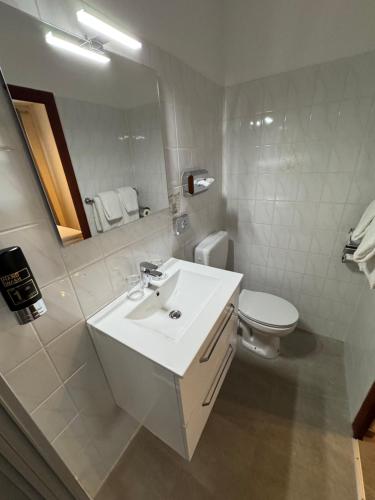 a bathroom with a sink and a toilet and a mirror at Hotel Zum Weinberg in Cremlingen
