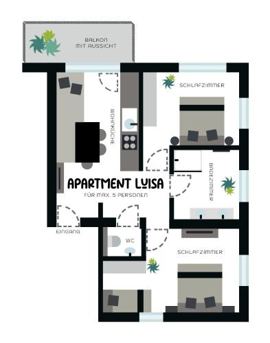a floor plan of the apartment units with furniture at Mountainsurf Apartments in Finkenberg