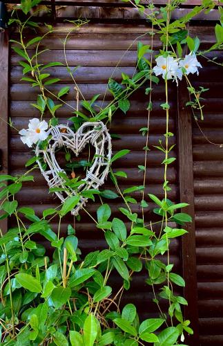 a white heart hanging on a wall with flowers at Szegfű33 Vendégház in Zebegény