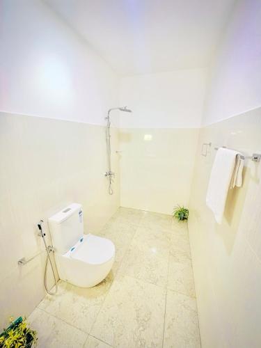 a white bathroom with a toilet and towels on the wall at Star Holiday Home in Nuwara Eliya