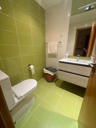 a green bathroom with a toilet and a sink at Duplex Apartment Ponta Delgada in Fajã de Baixo
