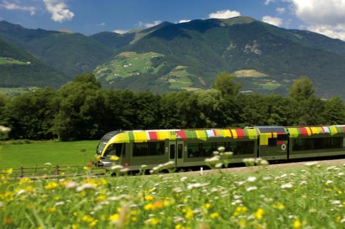 a train on the tracks with mountains in the background at Apartsuites Rosengarten in Lagundo