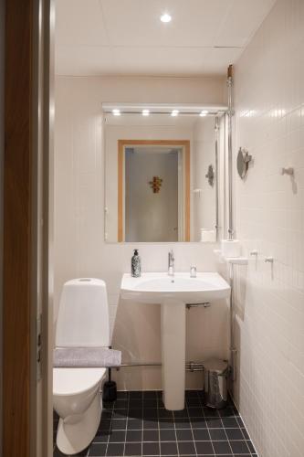 a bathroom with a sink and a toilet and a mirror at Hotell Valsaren in Västerås