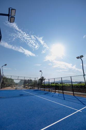 a tennis court with a net and street lights at Hotel Andana Winery & Spa in Valle de Guadalupe