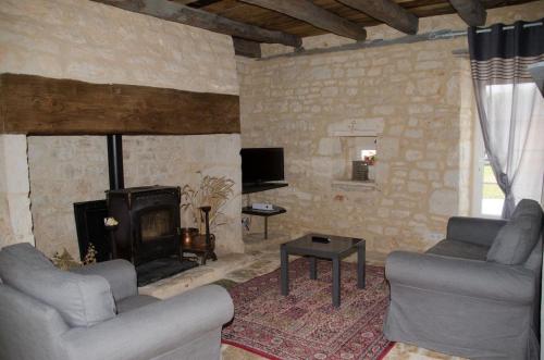 a living room with two couches and a fireplace at Les Gîtes du Villajou in Lachapelle-Auzac