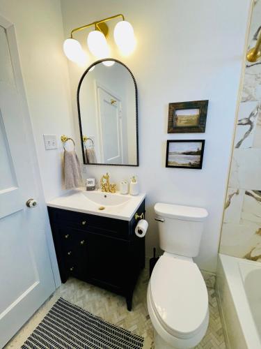 a bathroom with a toilet and a sink and a mirror at Villa de Siglo-Century Villa in Abilene