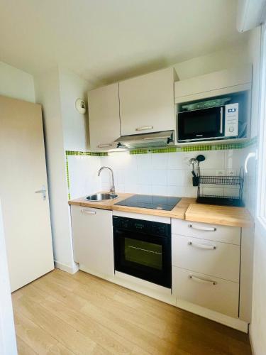 une petite cuisine avec un évier et un micro-ondes dans l'établissement Appartement T3 de 52 mcarré à Muret, à Muret