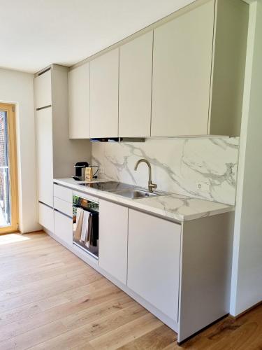 ベツァウにあるGretina Appartementsの白いキャビネットとシンクのあるキッチン