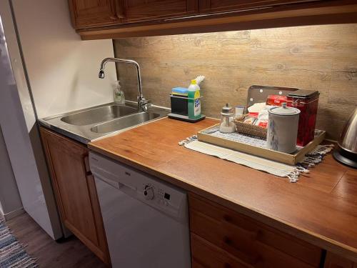 a kitchen with a sink and a counter top with a sink at Paradis i Brenna, Lofoten in Kleppstad