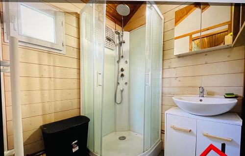une salle de bain avec douche et lavabo dans l'établissement Chalet climatisé avec vue lac, à Lissac-sur-Couze