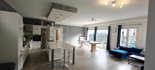 a kitchen and living room with a blue couch at Villa T5 proche centre ville in Aix-les-Bains