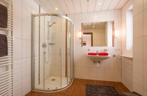 a bathroom with a shower and a sink at Haus Drei Linden in Going