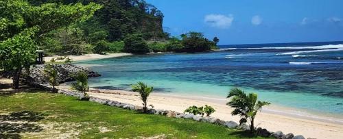 a beach with palm trees next to the ocean at Survivor Samoa Beach Resort in Falelatai