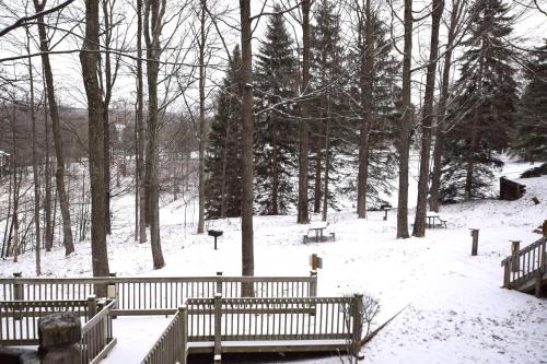 a park covered in snow with benches and trees at CrossWinds Getaway at Shanty Creek in Bellaire