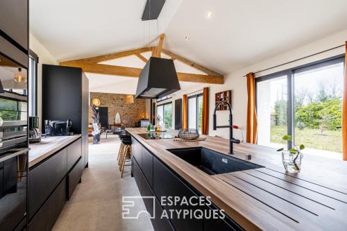 - une cuisine avec un grand îlot et un évier dans l'établissement Chai de caractère à proximité des plages, à Saint-Pierre-dʼOléron