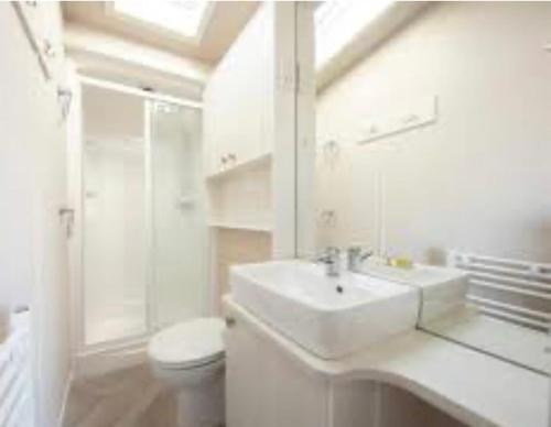 une salle de bain blanche avec un lavabo et des toilettes dans l'établissement LODGE SEA VIEW On the beach signature gold Hafan y Mor North Wales LL53 6HX, à Chwilog