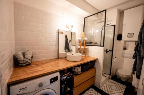 une salle de bain avec un lavabo et une machine à laver dans l'établissement T2 Cosy proche du centre avec grande terrasse!, à Nîmes