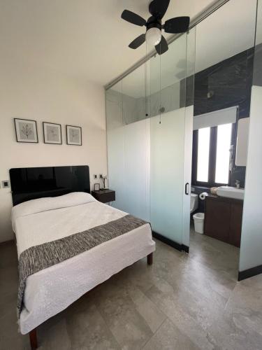 a bedroom with a bed and a ceiling fan at La Casa Mia Leon in León