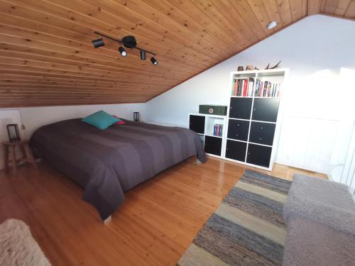 a bedroom with a bed and a book shelf at Pöllönpesä Iso-Syöte in Syöte