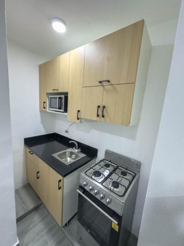 a small kitchen with a stove and a sink at La Yarolina in Punta Cana