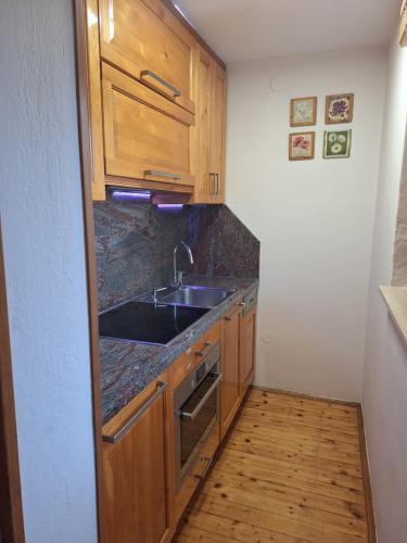 a kitchen with wooden cabinets and a sink at Pohorje Zen Garden in Pohorje
