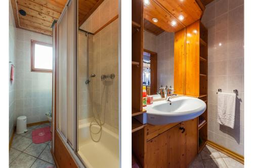 two pictures of a bathroom with a sink and a shower at Karavos Sea View Apartments in Skopelos Town