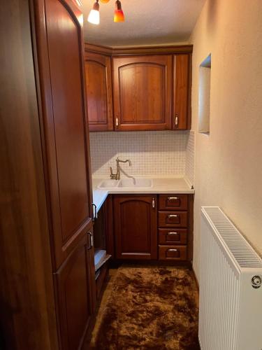 a small kitchen with a sink and wooden cabinets at MHome AGIOS ATHANASIOS in Palaios Agios Athanasios