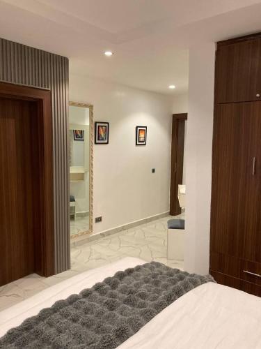 a bedroom with a bed and a large mirror at OD Cribs Luxury Apartment and On demand Car Service in Aso