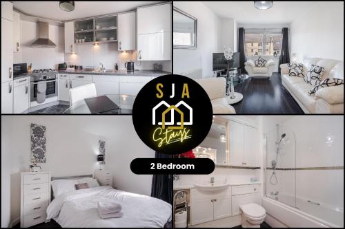two pictures of a kitchen and a living room at Portland Pad - SJA Stays - Modern 2 Bed Apartment in Aberdeen