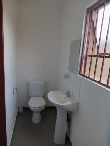 a white bathroom with a toilet and a sink at Baksman's Retreat in Soweto