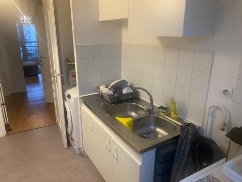 une cuisine avec un évier et un plan de travail dans l'établissement Appartement non loin de Disney, à Bussy-Saint-Georges