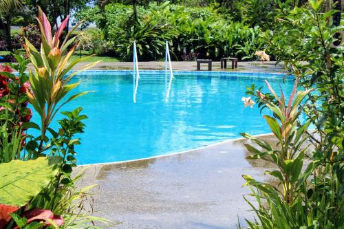 a swimming pool with water fountains in a garden at Blue West Villas in Sigatoka