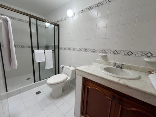 a white bathroom with a toilet and a sink at Hotel Los Viñedos in Lemos