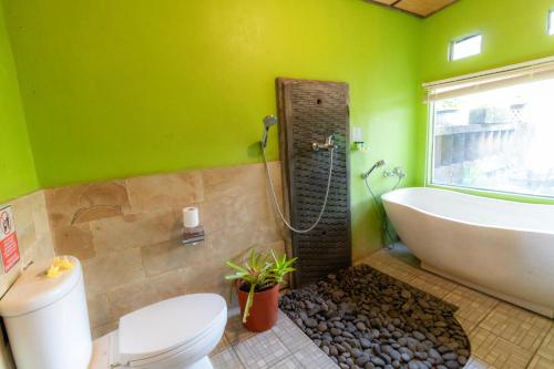 a bathroom with green walls and a tub and a toilet at Doni House & Villas in Ubud