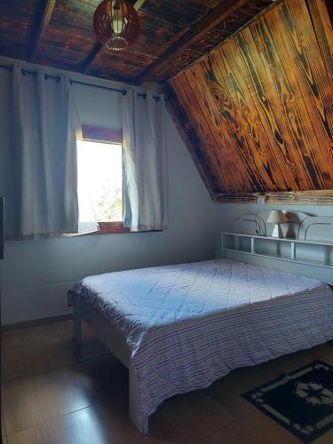 a bedroom with a bed with a painting on the ceiling at Chalé bom jardim in Ibicoara