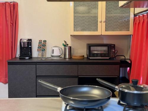 a kitchen with two pans on a stove with a microwave at Hotel Junior Mint Hakuba in Hakuba