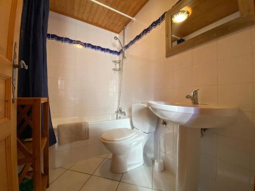 une salle de bain avec toilettes et lavabo dans l'établissement Charmant duplex à Morillon, proche centre, 3 ch, 9 pers, parking, ski - FR-1-624-174, à Morillon