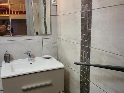une salle de bain avec un lavabo et une douche avec un miroir dans l'établissement Studio cabine au pied des pistes – 4 pers, balcon - FR-1-689-150, à Villard-de-Lans