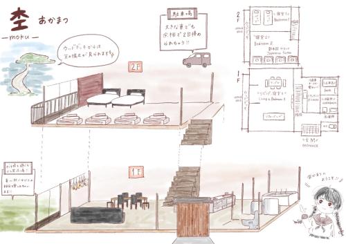 a drawing of a restaurant with a staircase and a diagram at moku杢 in Miyazu
