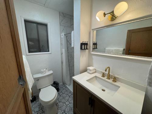 a bathroom with a toilet and a sink and a mirror at Three Pines Cabins in Big Bear Lake