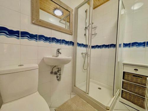 une salle de bain avec une douche, des toilettes et un lavabo dans l'établissement Appartement duplex cosy avec parking à Morillon, 6 couchages - FR-1-624-175, à Morillon